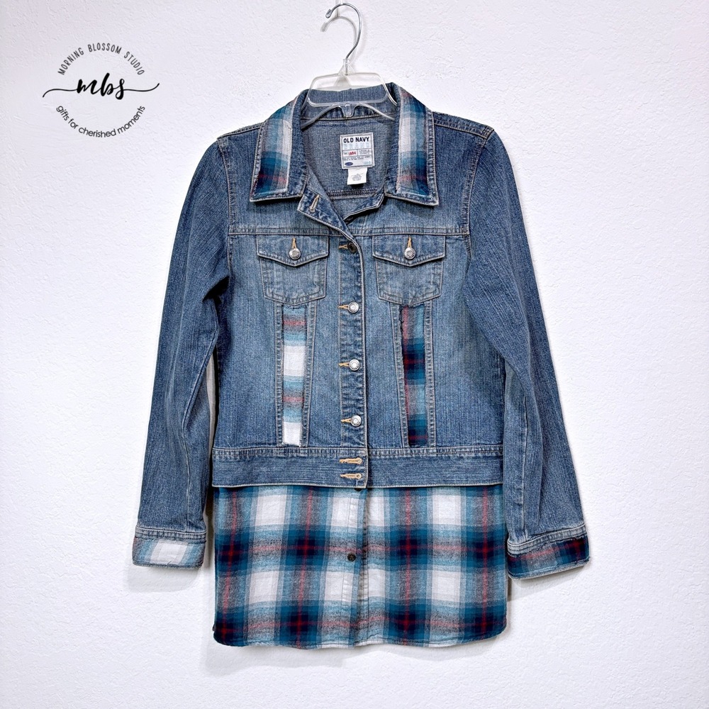 Old Navy Denim Flannel‎ Hybrid Plaid Mixed Media Trucker Jacket Blue Women M